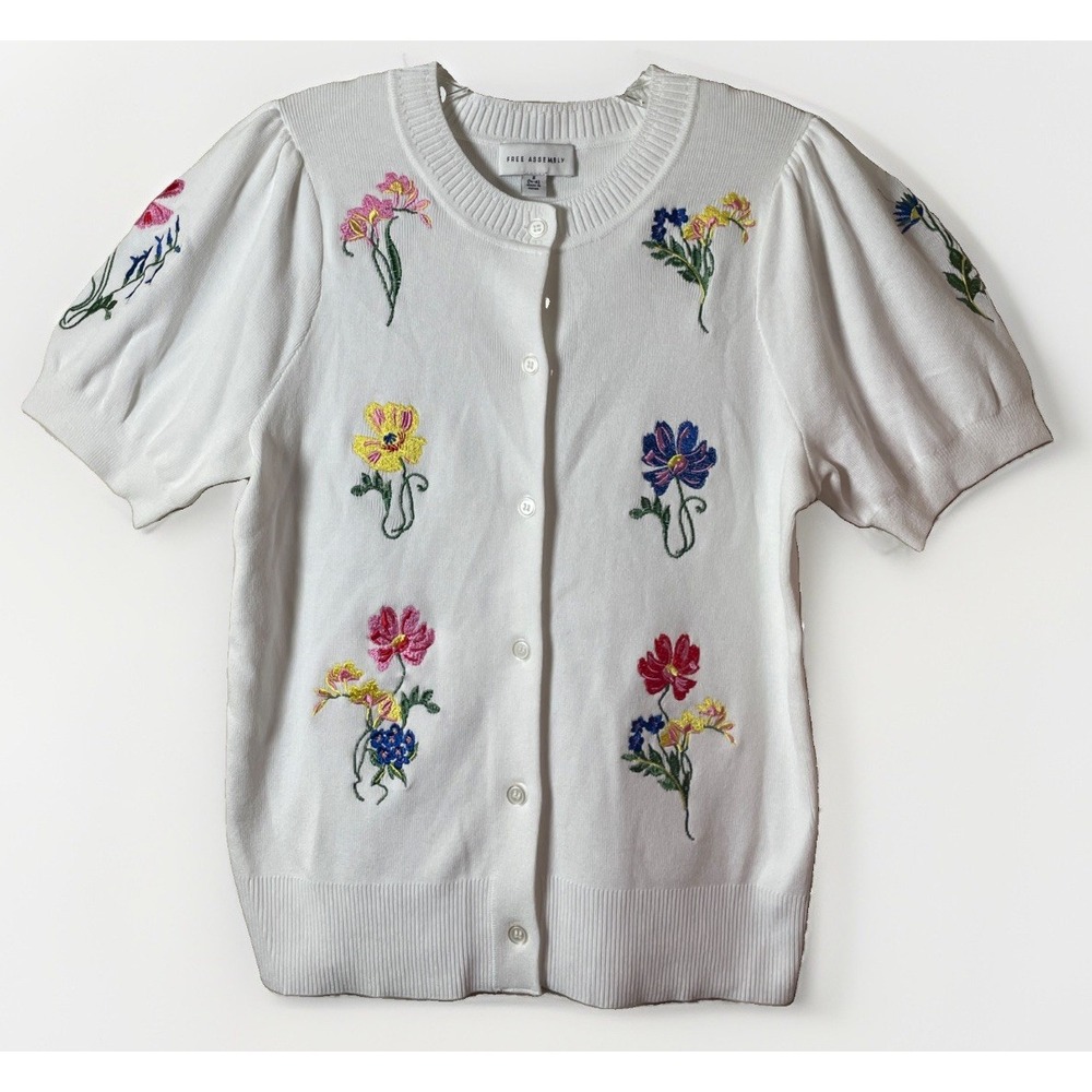 Free Assembly White Embroidered Short Sleeve Button Down Cardigan Women's Size S